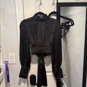 Women's Zara Black Satin Mock-Neck Tie-Back Top